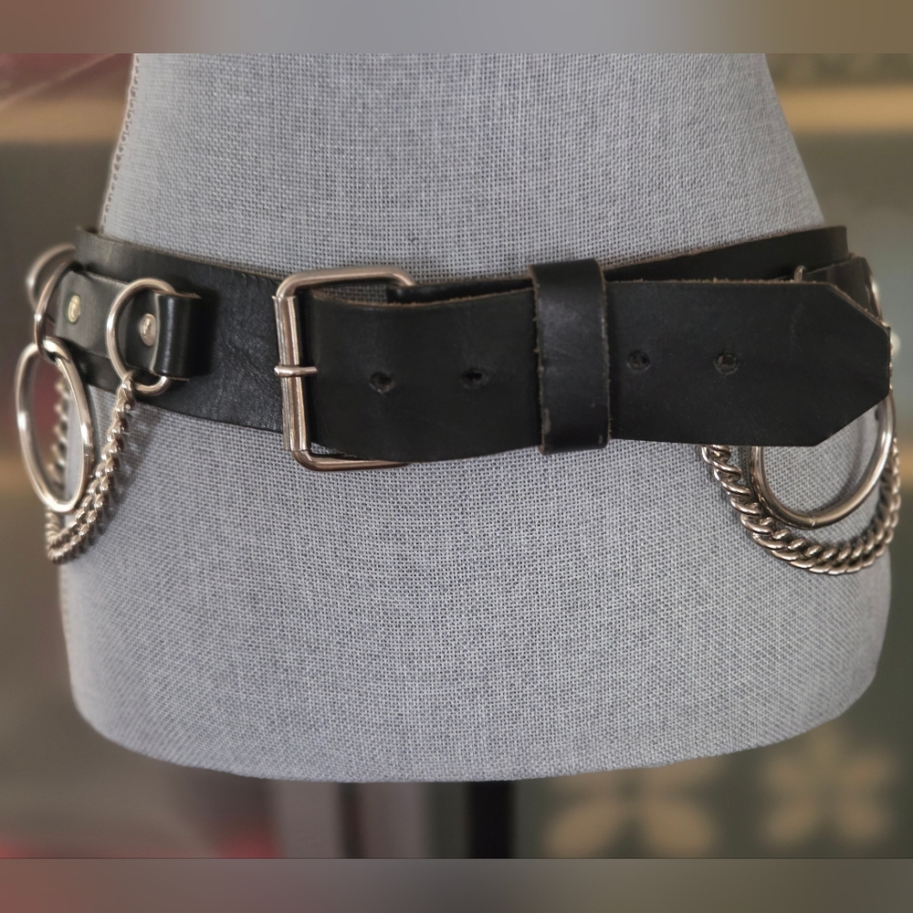 Y2K Draping Chain Halter O-Ring Black Leather Belt Silver-Tone Gothic Punk Rock - Picture 7 of 8